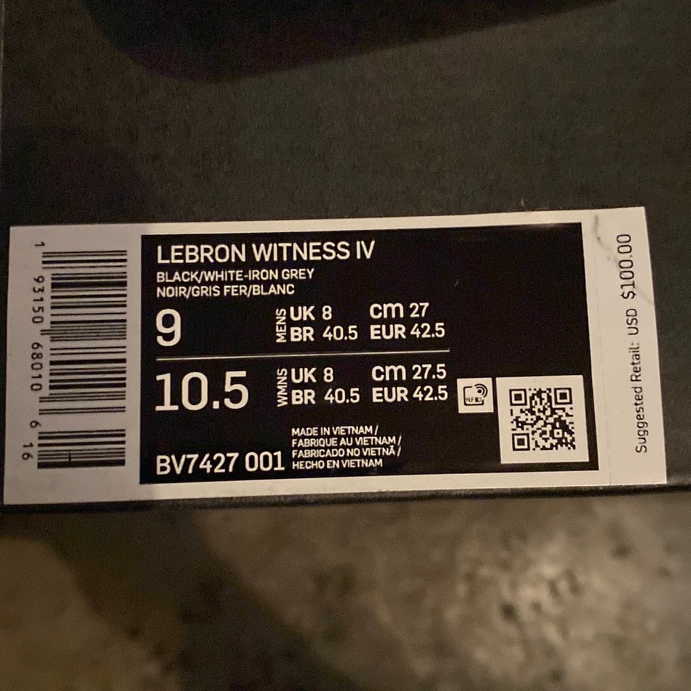 Lebron Witness IV shoe. Tried on and worn One Time. Still look brand new!!!